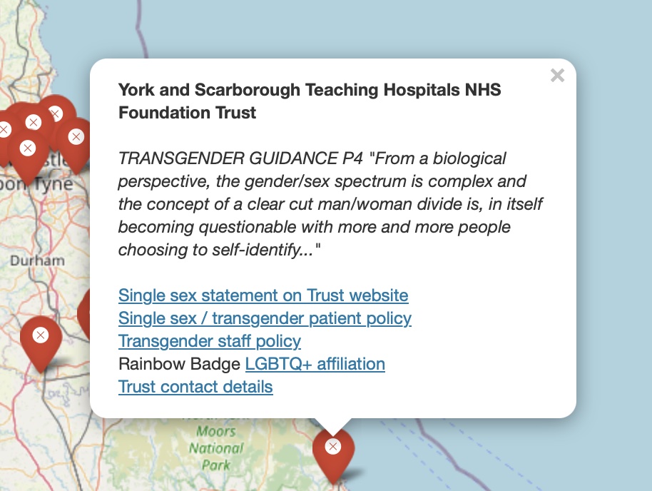 Map of Northern England with a popup showing York and Scarborough Teaching Hospitals NHS Foundation Trust, a policy quote, and links to policies and contact details.