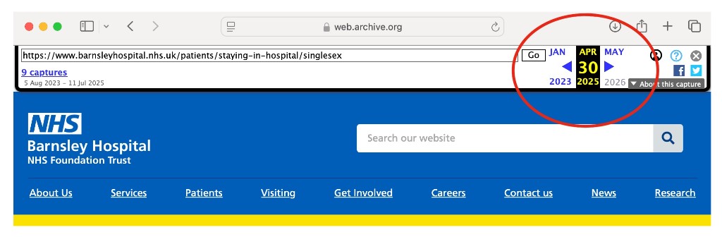 Wayback Machine toolbar above the Barnsley Hospital NHS website, with the archive date selector highlighted on the right.
