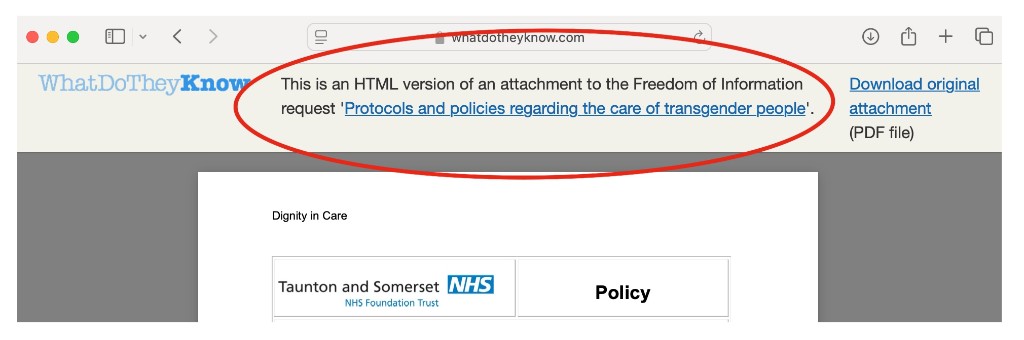 WhatDoTheyKnow page showing an HTML version of an FOI attachment, with the request title and download link highlighted.